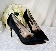 Load image into Gallery viewer, Black Satin Heels with Gold Leaf Details