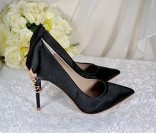 Load image into Gallery viewer, Black Satin Heels with Gold Leaf Details