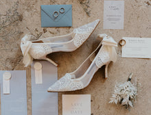 Load image into Gallery viewer, Ivory Lace with/without Crystal Heels & Bow | Removable Ankle Strap