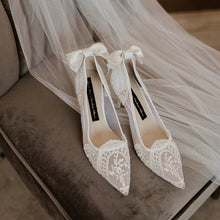 Load image into Gallery viewer, Ivory Lace with/without Crystal Heels & Bow | Removable Ankle Strap
