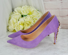 Load image into Gallery viewer, Lilac Suede Bridal Heels - Cherry Blossom Embellished Pumps UK6/US8.5
