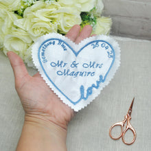 Load image into Gallery viewer, Sew On Wedding Dress Patch Something blue Custom Patch Personalised Wedding Label Bride Something Blue Wedding Heart
