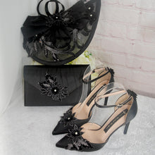Load image into Gallery viewer, Black Satin Bridal Set: Handmade Fascinator, Clutch &amp; Heels
