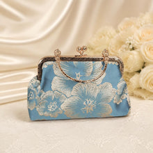 Load image into Gallery viewer, Blue and Gold Floral Bridal Clutch: Shimmering Embroidered Bag, Detachable Chain
