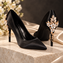 Load image into Gallery viewer, Black Satin Cherry Blossom Heels with Rose-Gold Leaf Detail
