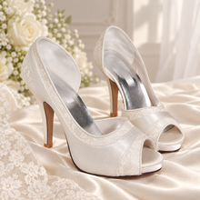 Load image into Gallery viewer, Bliss Satin &amp; French Lace Bridal Heels – 10cm Peep-Toe Wedding Shoes
