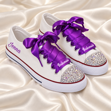 Load image into Gallery viewer, Personalised Bridal Trainers with Crystal Toes and Satin Ribbon Laces
