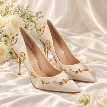 Load image into Gallery viewer, Champagne Satin Bridal Shoes: Gold Filigree Vine Wedding Heels
