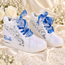 Load image into Gallery viewer, Personalised Glitter Wedge Bridal Trainers
