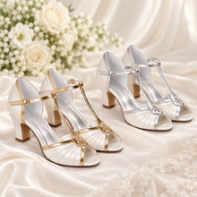Load image into Gallery viewer, Ivory Satin T-Bar Bridal Shoes with Block Heel
