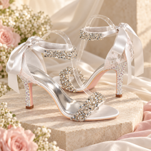 Load image into Gallery viewer, Rosanna Crystal &amp; Pearl Bridal Sandals – Embroidered Ivory Satin Stiletto Wedding Shoes
