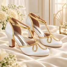 Load image into Gallery viewer, Vintage Ivory &amp; Gold T-Bar Bridal Shoes – 8cm Block Heel
