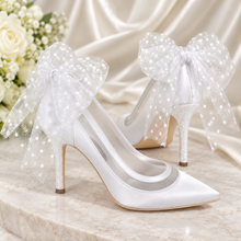 Load image into Gallery viewer, White Satin &amp; Mesh Bridal Heels with Polka Dot Tulle Bows
