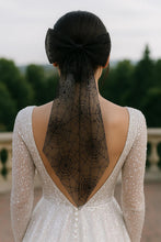 Load image into Gallery viewer, Halloween Bridal Bow – Handmade Cobweb Hair Bow | Sparkling Black Wedding Veil Alternative
