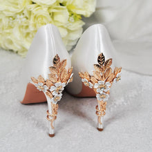 Load image into Gallery viewer, Ivory Satin Bridal Heels: Gold Cherry Blossom Wedding Shoes UK4/US6.5
