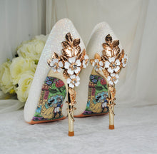 Load image into Gallery viewer, Ivory Shimmer Satin Bridal Heels: Handmade Cherry Blossom Wedding Shoes
