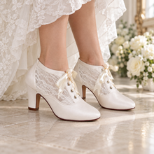 Load image into Gallery viewer, Annalise Satin &amp; Lace Bridal Boots – 7.5 cm Block-Heel Victorian Wedding Shoes
