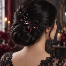 Load image into Gallery viewer, Black &amp; Red Gothic Bridal Hair Pin – Crystal Wedding Hair Accessory
