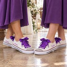 Load image into Gallery viewer, Personalised Bridal Trainers with Crystal Toes and Satin Ribbon Laces
