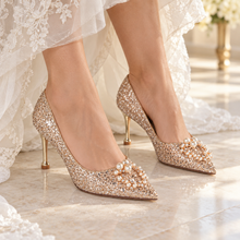 Load image into Gallery viewer, Champagne Gold Glitter Wedding Shoes with Pearl &amp; Crystal Detail
