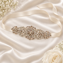 Load image into Gallery viewer, Crystal &amp; Pearl Bridal Belt with Ribbon | Handmade Wedding Dress Sash
