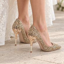Load image into Gallery viewer, Glitter Bridal Heels with Metal Leaf Filigree – Custom Colours
