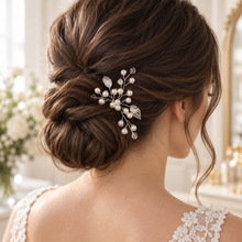 Load image into Gallery viewer, Leaf Pearl &amp; Crystal Bridal Hair Pin – Silver, Gold or Rose Gold
