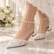 Load image into Gallery viewer, Pointed Crochet Lace Bridal Flats with Clear Sides
