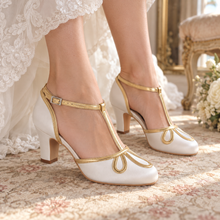 Load image into Gallery viewer, Vintage Ivory &amp; Gold T-Bar Bridal Shoes – 8cm Block Heel
