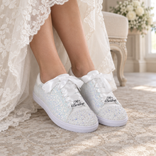 Load image into Gallery viewer, Personalised White Glitter Bridal Trainers – Pearl Wedding Sneakers
