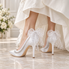 Load image into Gallery viewer, White Satin &amp; Mesh Bridal Heels with Polka Dot Tulle Bows
