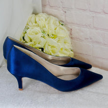Load image into Gallery viewer, Navy Satin Kitten Heels - Handmade Bridal Satin Shoes With Padded Soles • Size  UK9/US11
