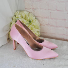 Load image into Gallery viewer, Pink Satin Bridal Set: Heels, Clutch, Fascinator - Handmade Wedding Guest Outfit
