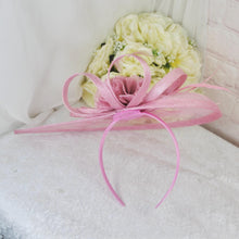 Load image into Gallery viewer, Pink Satin Bridal Set: Heels, Clutch, Fascinator - Handmade Wedding Guest Outfit
