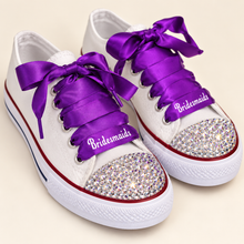 Load image into Gallery viewer, Personalised Bridal Trainers with Crystal Toes and Satin Ribbon Laces
