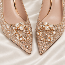 Load image into Gallery viewer, Champagne Gold Glitter Wedding Shoes with Pearl &amp; Crystal Detail
