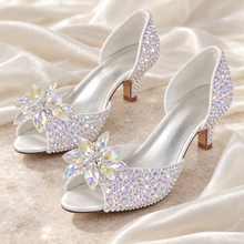 Load image into Gallery viewer, Chrystal Cinderella Crystal Bridal Shoes – 5 cm Kitten Heel Peep-Toe Wedding Shoes
