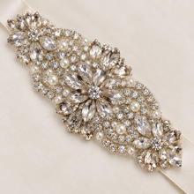 Load image into Gallery viewer, Crystal &amp; Pearl Bridal Belt with Ribbon | Handmade Wedding Dress Sash
