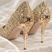 Load image into Gallery viewer, Glitter Bridal Heels with Metal Leaf Filigree – Custom Colours

