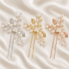 Load image into Gallery viewer, Leaf Pearl &amp; Crystal Bridal Hair Pin – Silver, Gold or Rose Gold
