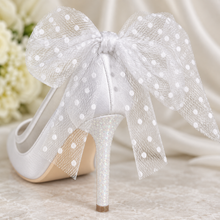 Load image into Gallery viewer, White Satin &amp; Mesh Bridal Heels with Polka Dot Tulle Bows
