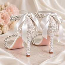 Load image into Gallery viewer, Rosanna Crystal &amp; Pearl Bridal Sandals – Embroidered Ivory Satin Stiletto Wedding Shoes
