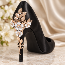 Load image into Gallery viewer, Black Satin Cherry Blossom Heels with Rose-Gold Leaf Detail
