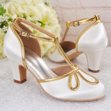 Load image into Gallery viewer, Vintage Ivory &amp; Gold T-Bar Bridal Shoes – 8cm Block Heel
