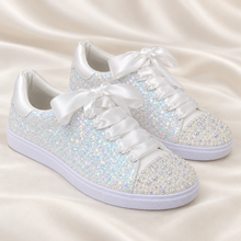 Load image into Gallery viewer, Personalised White Glitter Bridal Trainers – Pearl Wedding Sneakers
