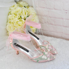 Load image into Gallery viewer, Pink Satin Bridal Set: Embroidered Heels, Clutch, Fascinator
