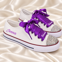 Load image into Gallery viewer, Personalised Bridal Trainers with Crystal Toes and Satin Ribbon Laces
