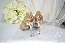 Load image into Gallery viewer, Gold Bridal Shoes - Handmade Satin Pointed Toe Court Shoes with Cherry Blossom Heels UK4/US6.5
