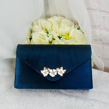 Load image into Gallery viewer, Navy Satin Heels: Silver Floral Cherry Blossom Embellishment
