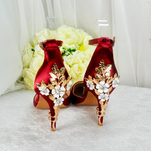 Load image into Gallery viewer, Emerald Green Satin Bridal Sandals: Cherry Blossom Heel, Handmade Wedding Shoes
